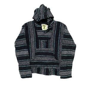 Iguana Jack Black Blue Pullover Woven Hoodie Baja Mexican Drug Rug Unisex Small